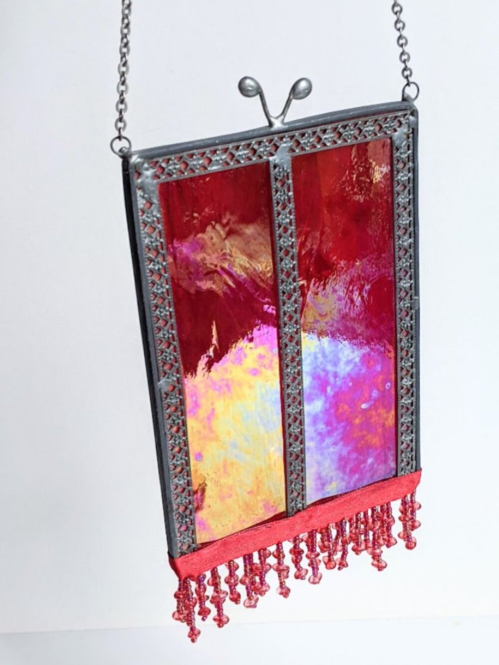 Vtg Red Stained Glass Iridescent Panel Suncatcher w/Chain & Tassel Signed
